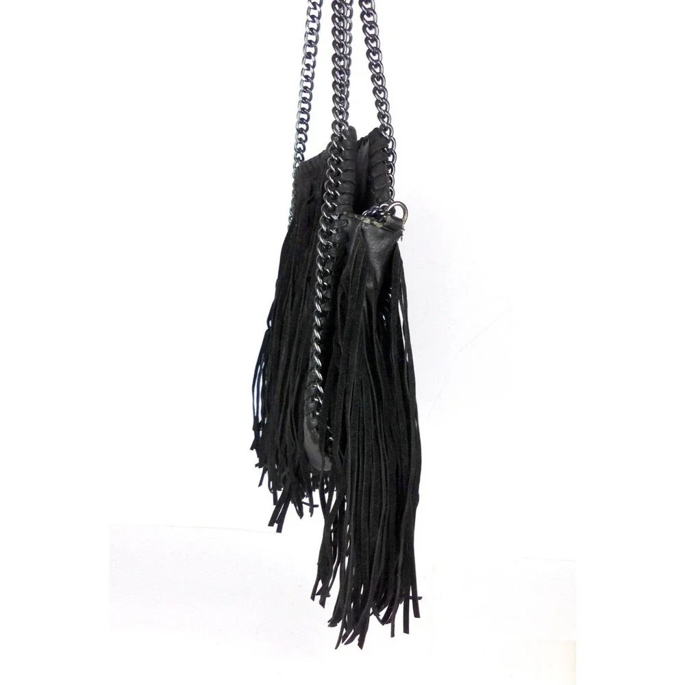 Steve Madden Fringe Chain Satchel Shoulder Bag Black Boho Festival Purse Rock - Picture 7 of 12